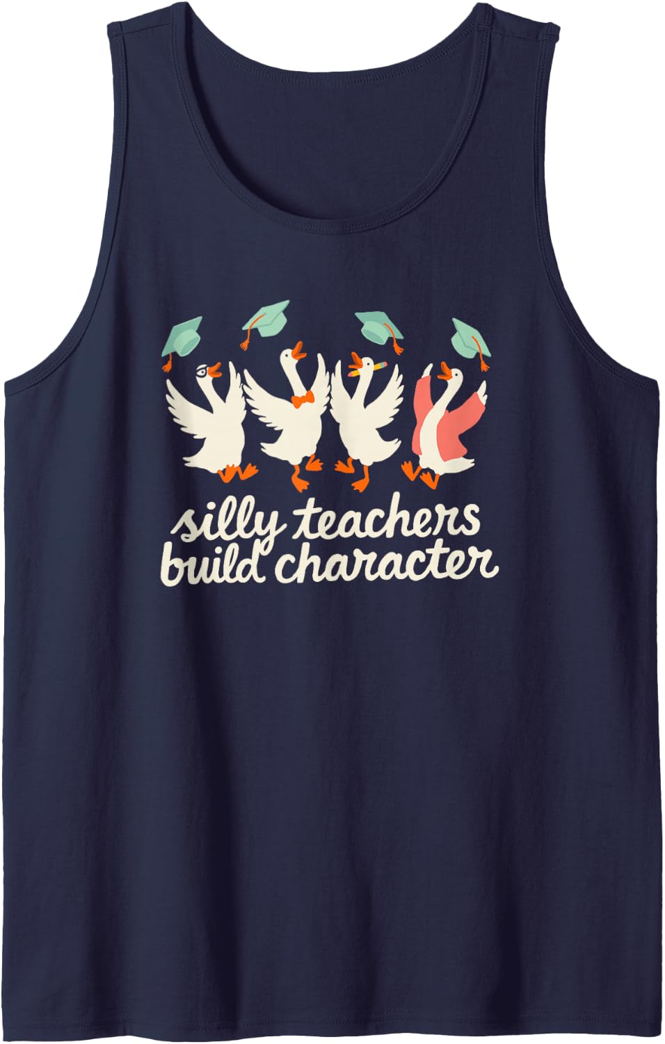 Silly Teachers Build Character Funny Math Teacher Goose Sleeveless Tank Top - Navy Blue