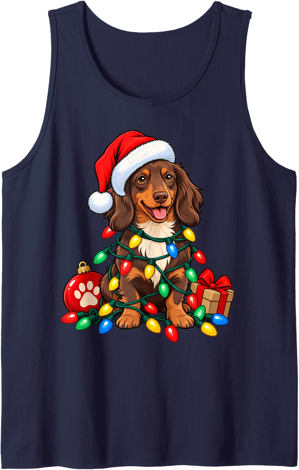 Santa Dachshund Christmas Lights Funny Dog Lover Xmas Sleeveless Tank Top - Navy Blue
