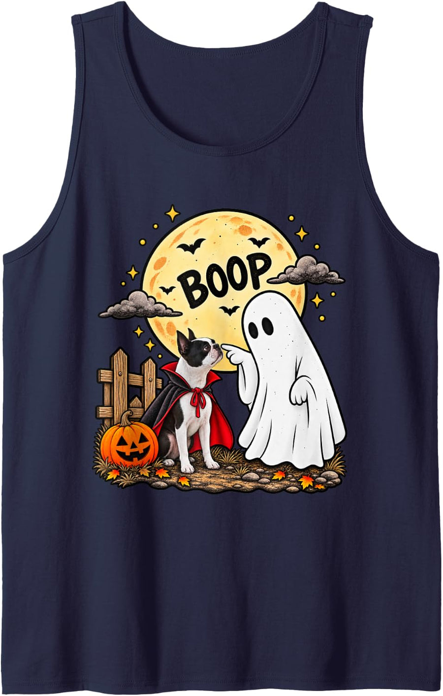 Boo Boop Halloween Boston Terrier Dog Ghost Funny Puppy Sleeveless Tank Top - Navy Blue