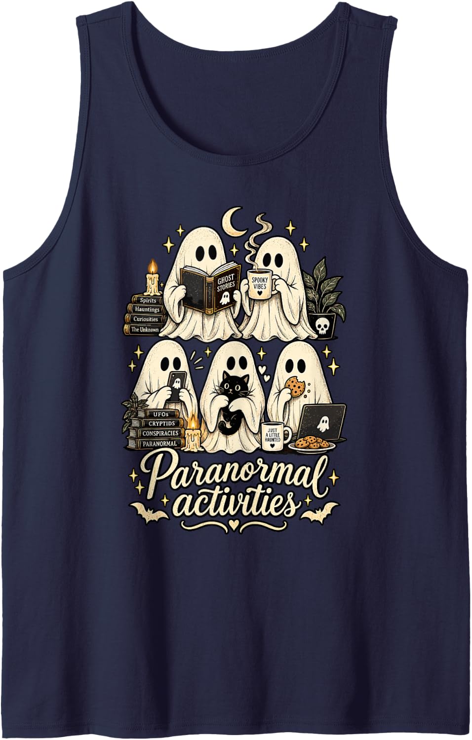 Paranormal Activities Cute Ghosts Spooky Humor Sleeveless Tank Top - Navy Blue