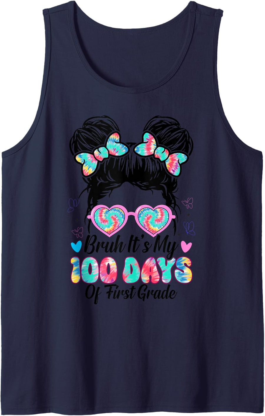Bruh It's My 100th Day of First Grade Messy Bun Girls Girl Sleeveless Tank Top - Navy Blue