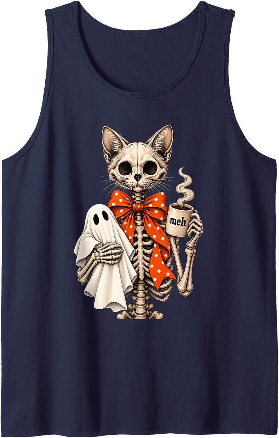 Cat Skeleton Holding Ghost Halloween Coffee Lover Tank Top - Navy Blue