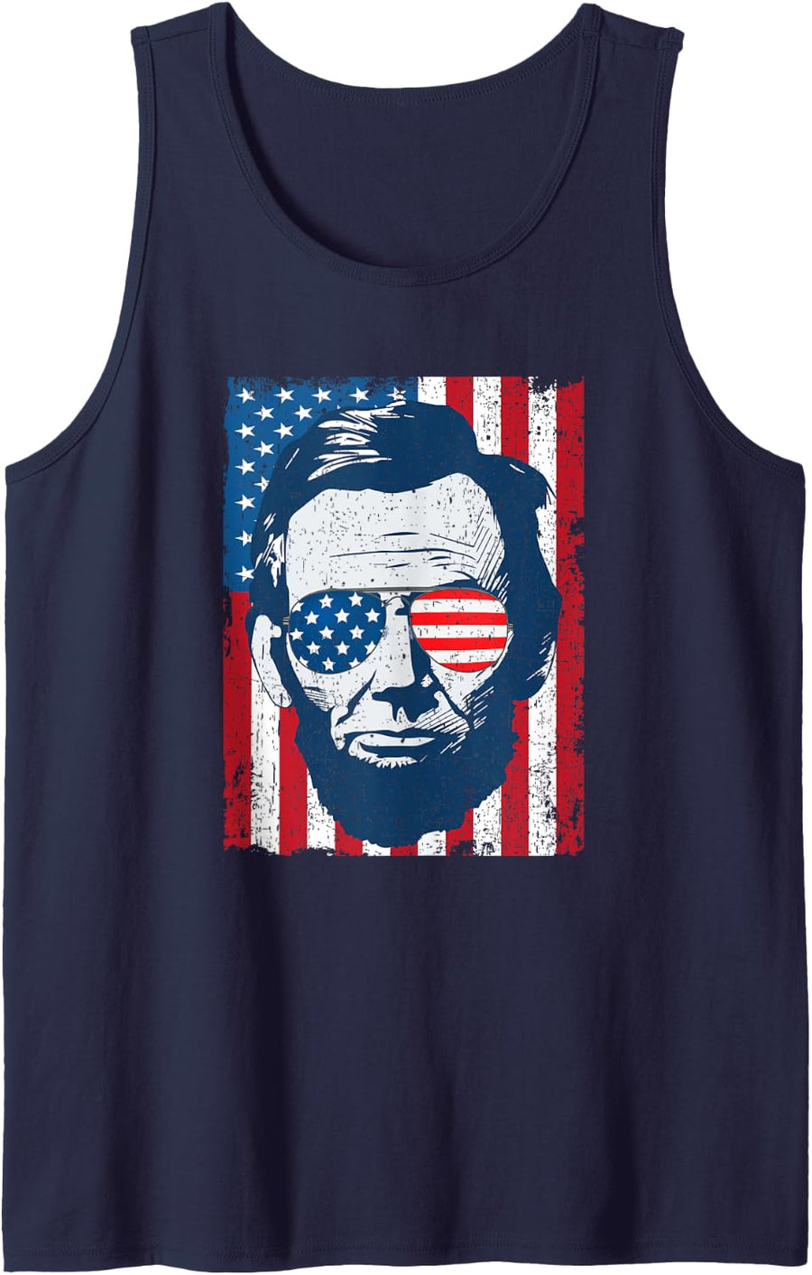 Abe Lincoln Beard Sunglasses & American Flag 4th of July Tank Top - Navy Blue