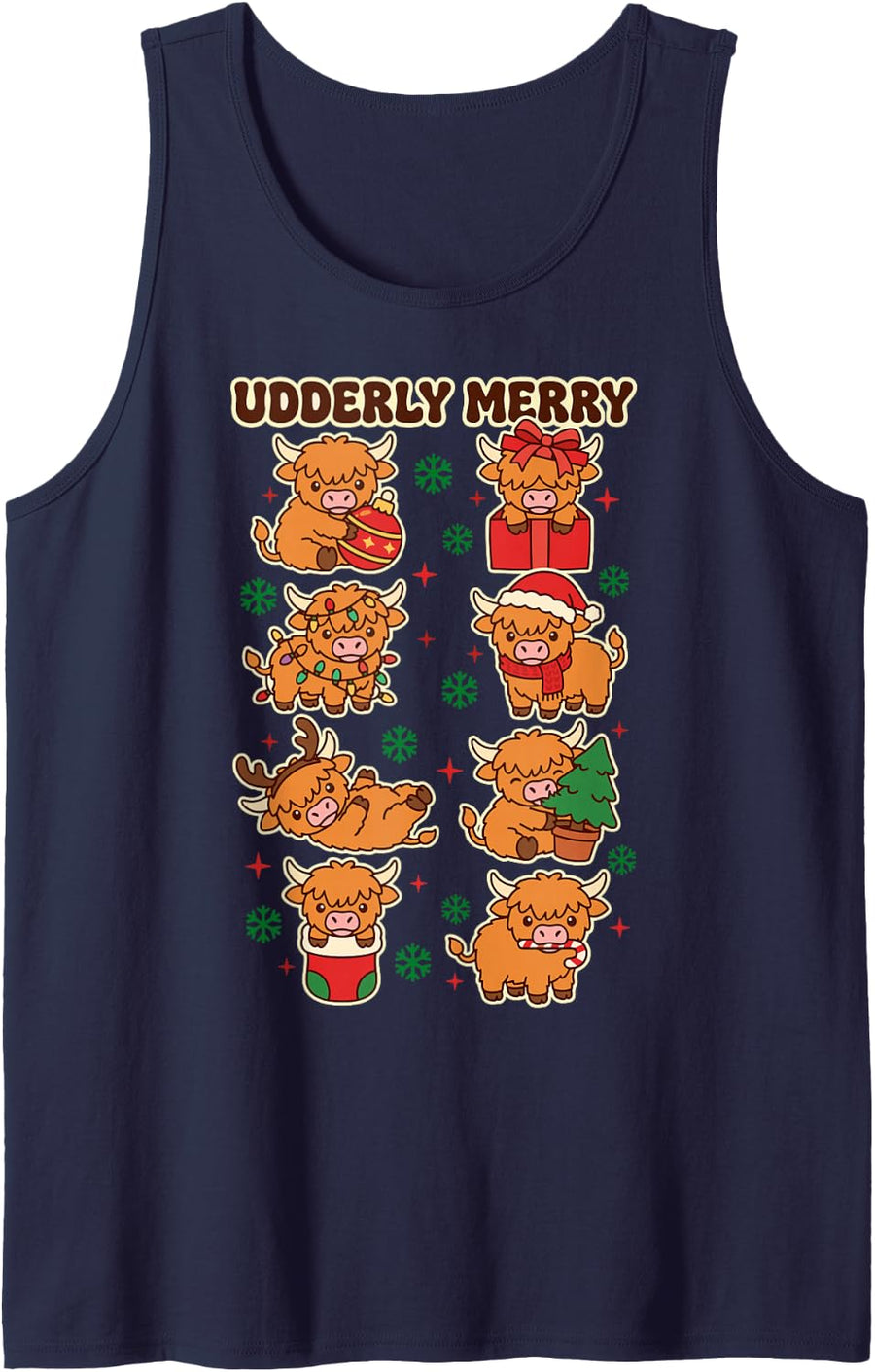 Highland Cow Udderly Merry Funny Christmas Holiday Humor Sleeveless Tank Top - Navy Blue