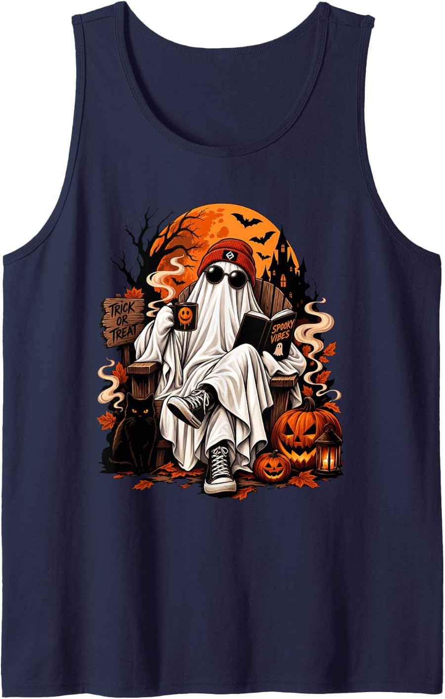 Halloween Spooky Teacher Boo Ghost Reading Book Men Women Sleeveless Tank Top - Navy Blue