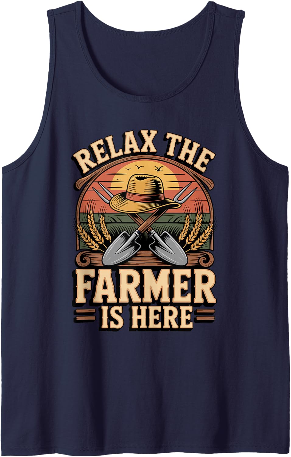 Relax the Farmer is Here Farming Agriculture Rancher Sleeveless Tank Top - Navy Blue