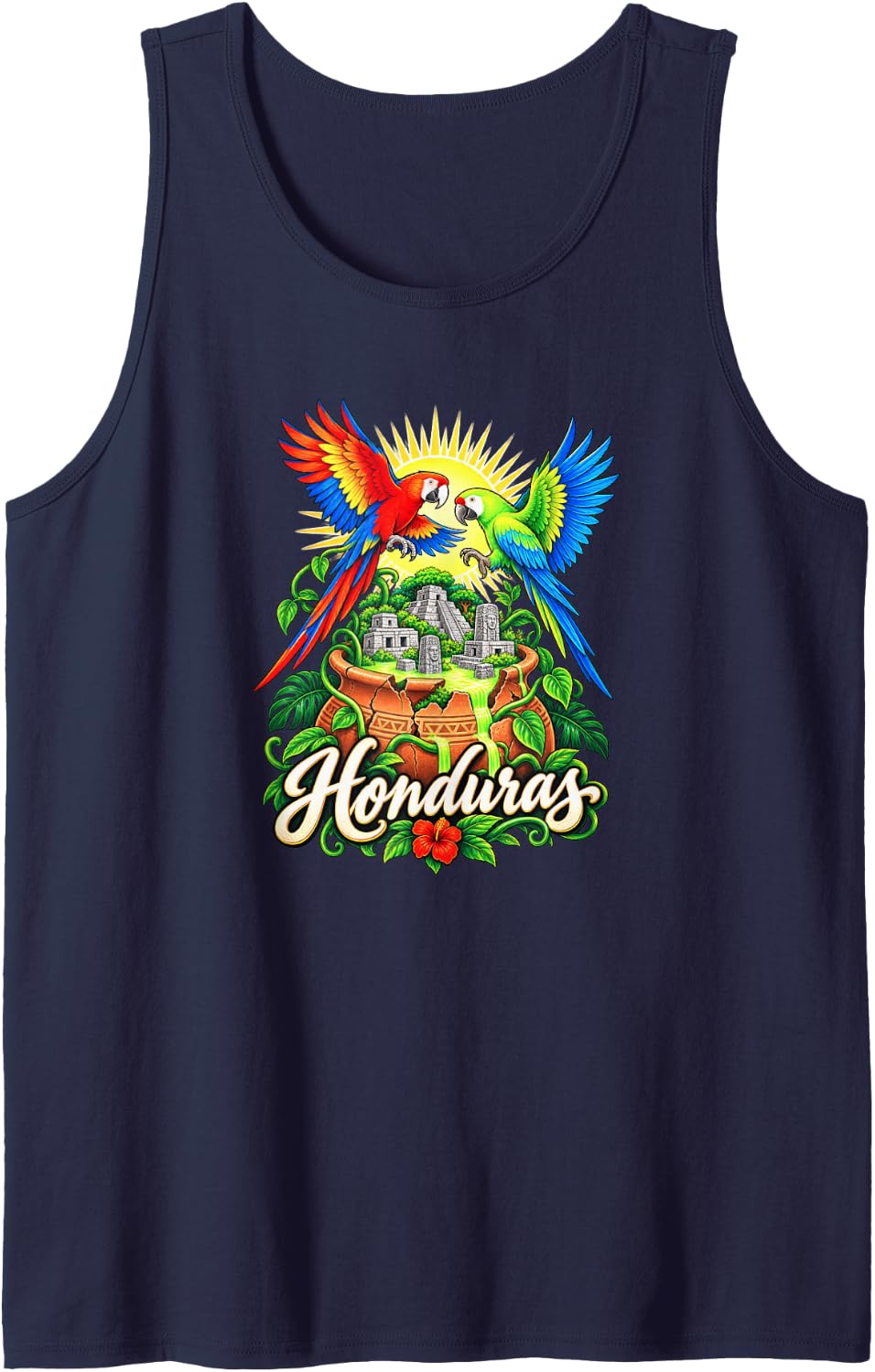 Honduras Macaws and Jungle Ruins Sleeveless Tank Top - Navy Blue