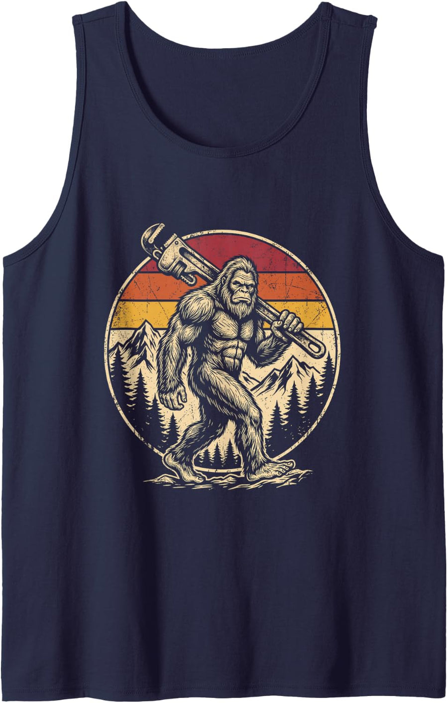 Bigfoot Plumber Pipe Wrench Sasquatch Graphic Men Women Kids Sleeveless Tank Top - Navy Blue