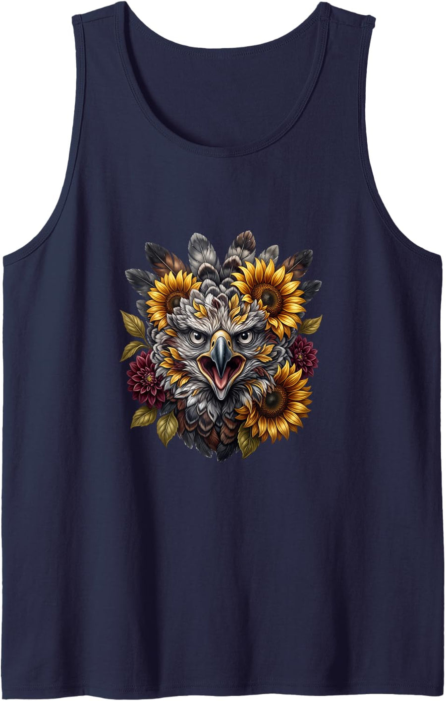 Majestic Eagle with Golden Sunflowers Sleeveless Tank Top - Navy Blue