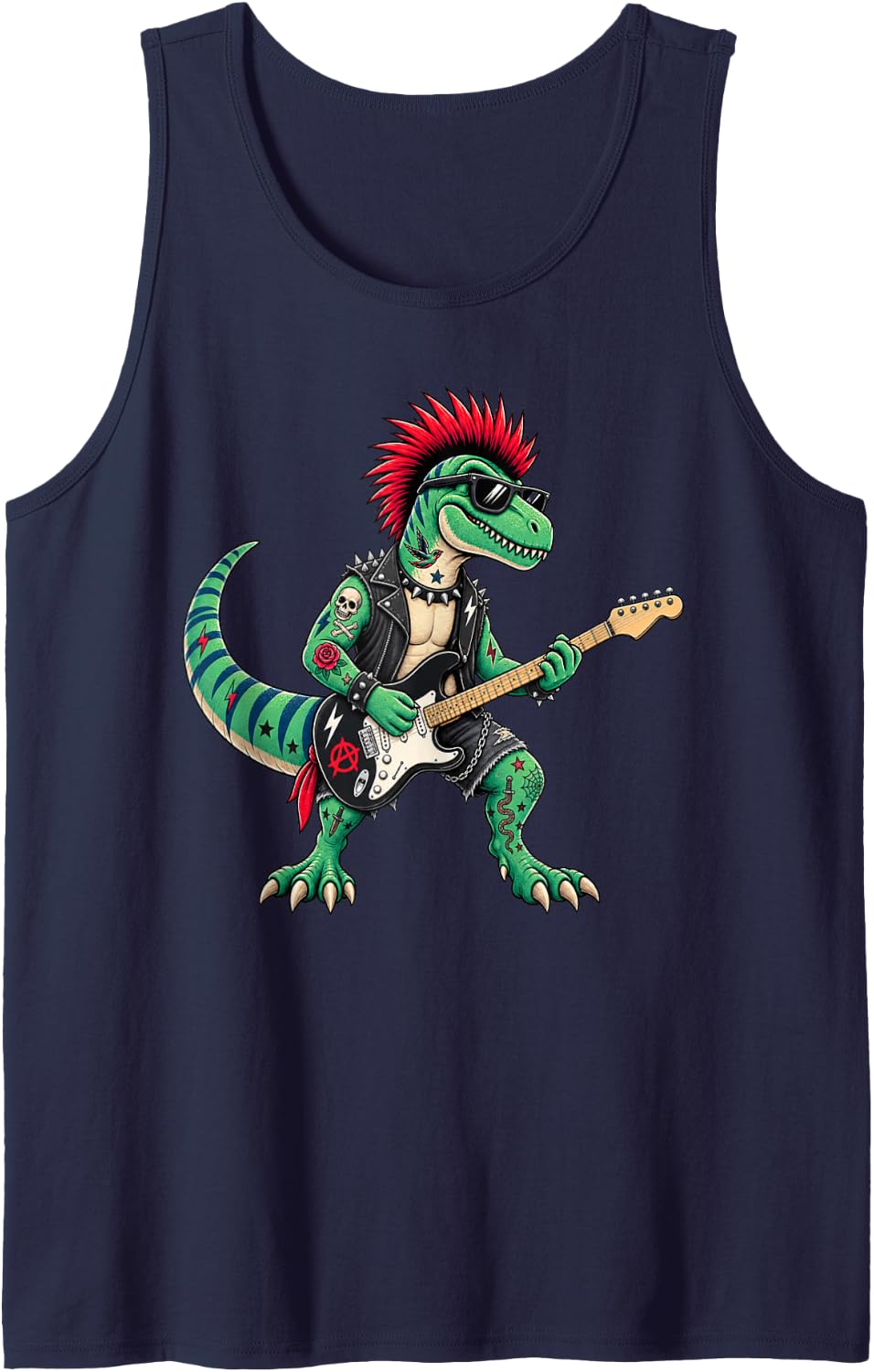 Rock Dinosaur Guitarist Mohawk Tattoos Rock & Roll Graphic Sleeveless Tank Top - Navy Blue