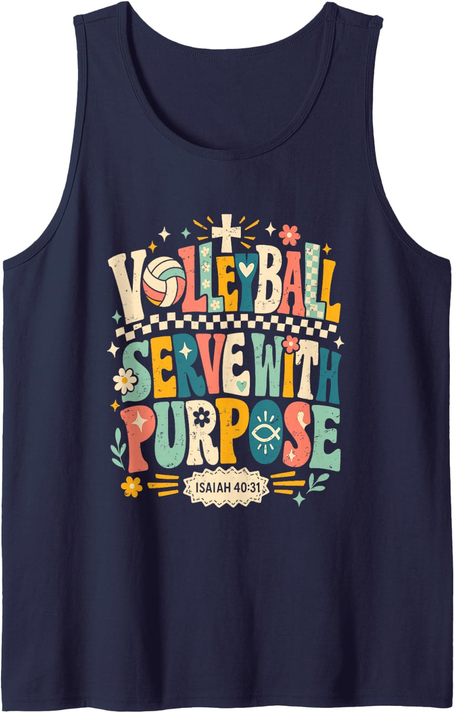 Volleyball Serve with Purpose Christian Faith Groovy Retro Tank Top - Navy Blue