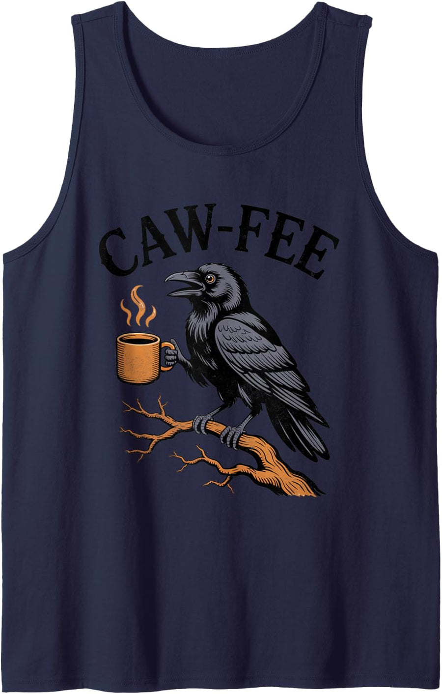 Caw-fee Funny Crow Blackbird Raven Caw Caffeine Coffee Lover Sleeveless Tank Top - Navy Blue