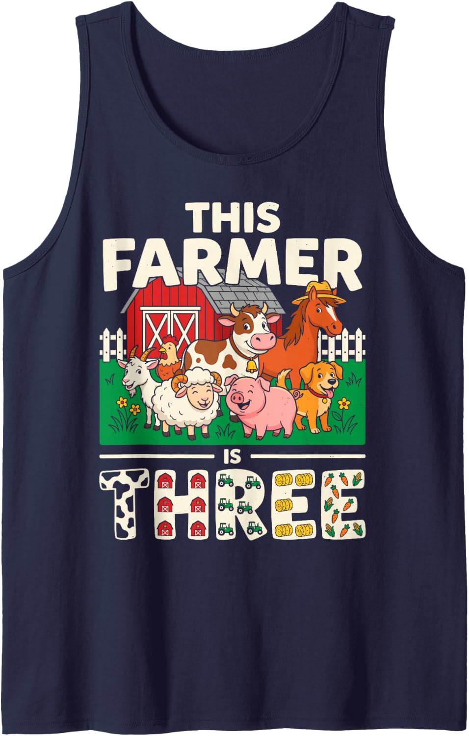 This Farmer is Three 3 Years Bday Party Birthday Farm Animal Sleeveless Tank Top - Navy Blue