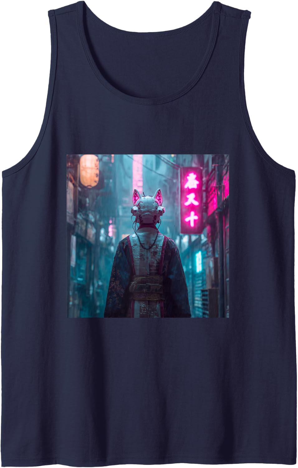 Cyberpunk Kitsune Japanese Streetwear Anime Rain Tank Top - Navy Blue