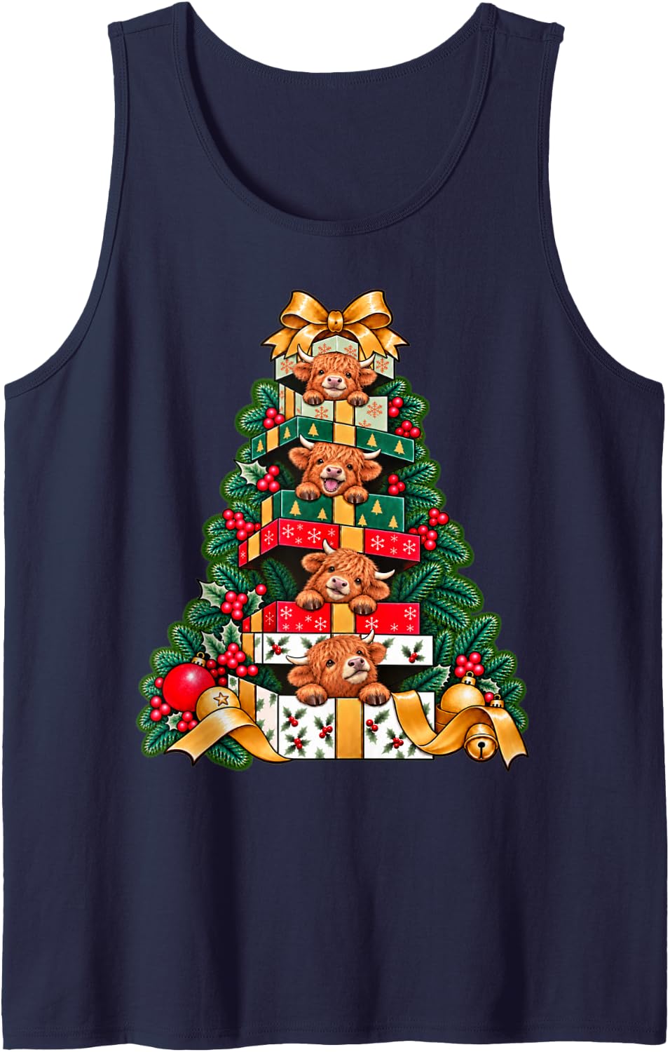 Highland Cow Stacked Wrapped Boxes Holiday Tree Surprise Sleeveless Tank Top - Navy Blue