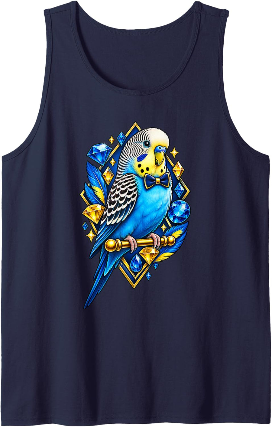 Blue Budgie with Bow Tie and Gemstones Sleeveless Tank Top - Navy Blue