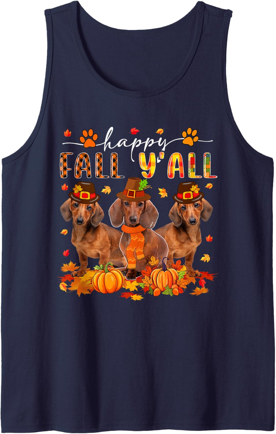 Happy Autumn Y'all Thanksgiving Three Cute Dachshunds Sleeveless Tank Top - Navy Blue