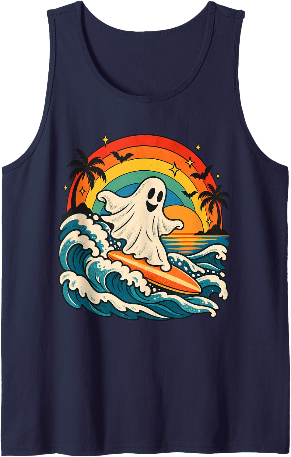 Halloween Pride Gay LGBT Ghost Surf Rainbow Sunset Sleeveless Tank Top - Navy Blue