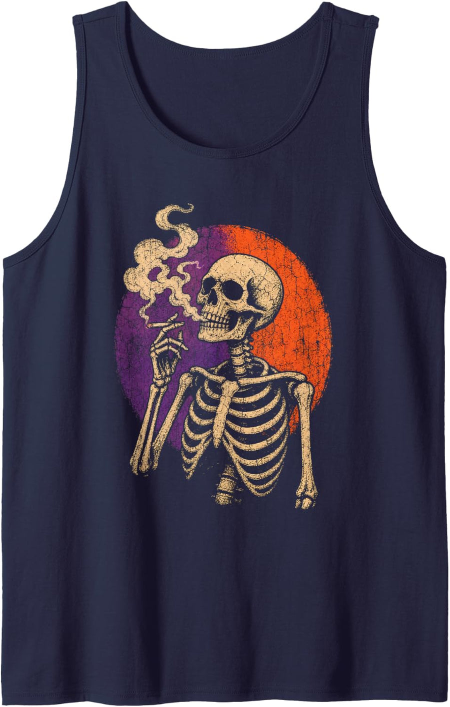 Halloween Vintage Skeleton Chair Smoke Retro Distressed Sleeveless Tank Top - Navy Blue