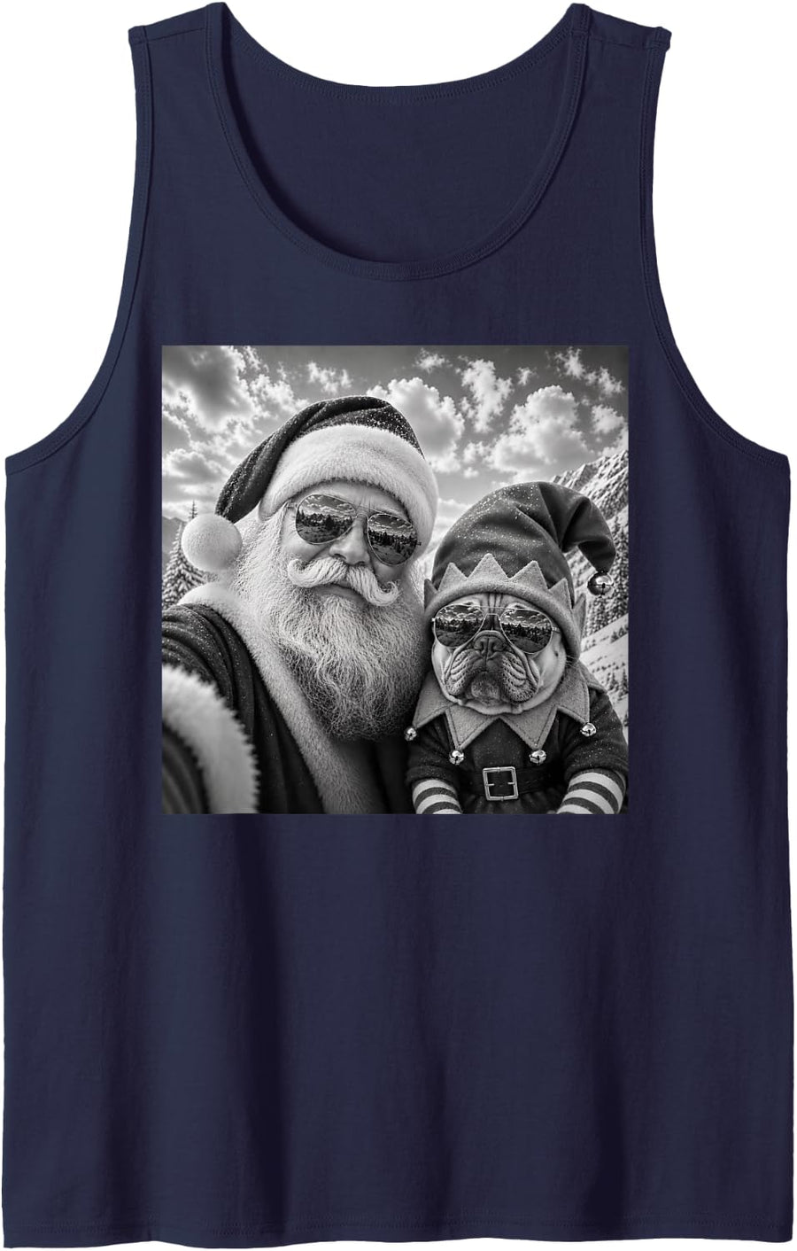 Funny Santa Selfie with French Bulldog Christmas Sleeveless Tank Top - Navy Blue