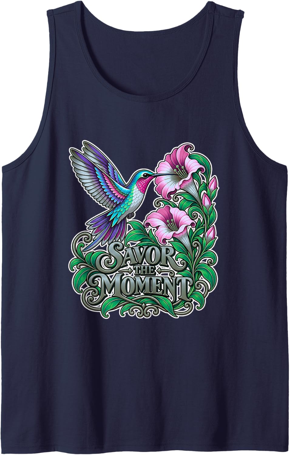 Hummingbird Lover Flower Garden Sleeveless Tank Top - Navy Blue