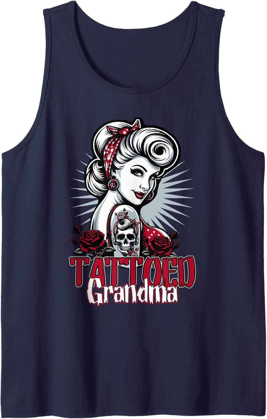 Tattooed Grandma Pin Up Gothic Roses Rockabilly Punk Tank Top - Navy Blue