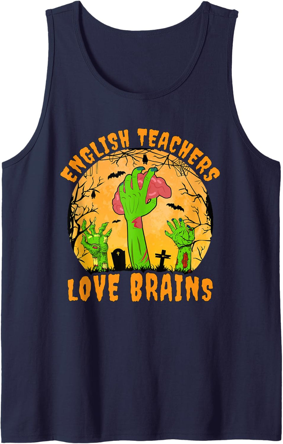 English Teachers Love Brains Funny English Teacher Halloween Sleeveless Tank Top - Navy Blue
