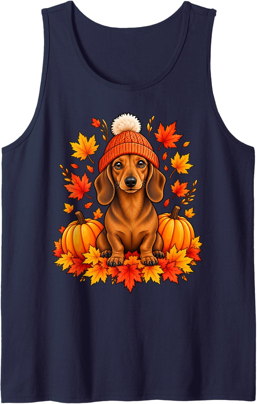 Dachshund Fall Scarf Autumn Leaves Dog Lovers Thanksgiving Sleeveless Tank Top - Navy Blue