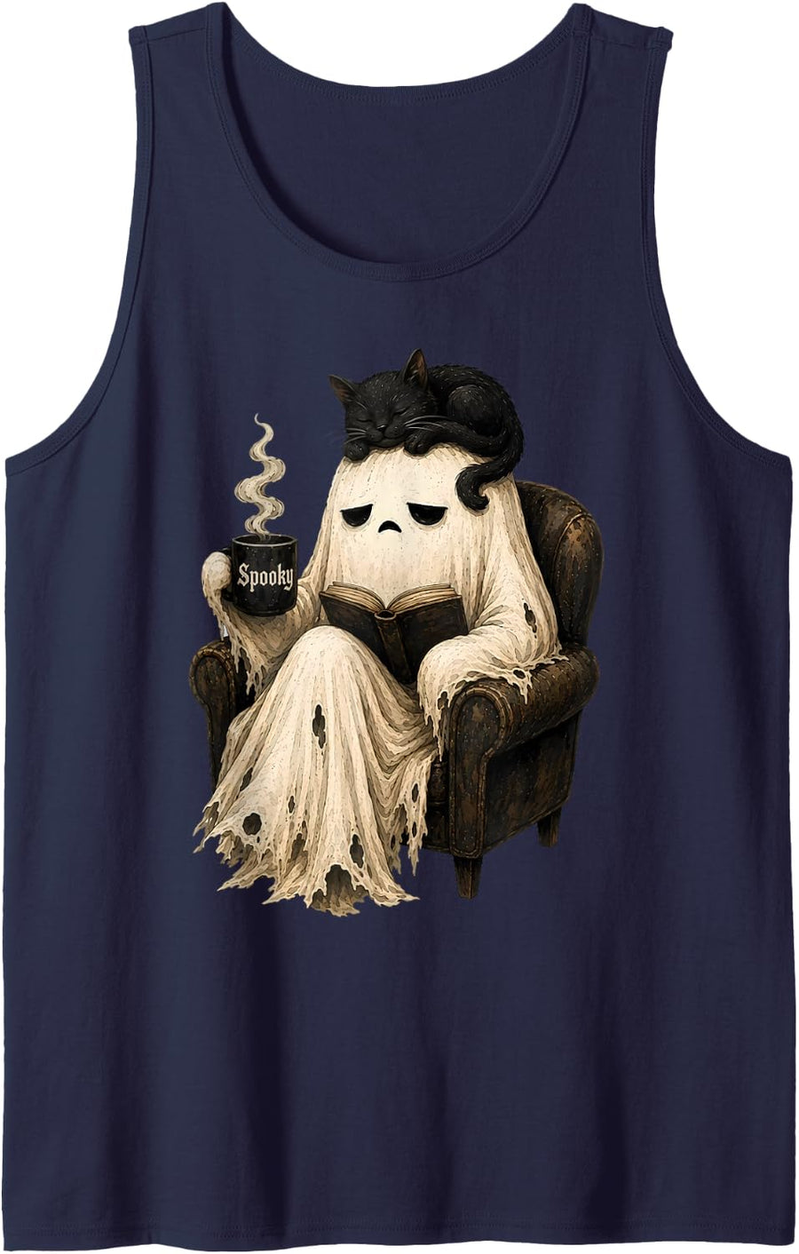 Cute Ghost Reading Book Black Cat Coffee Spooky Season Sleeveless Tank Top - Navy Blue