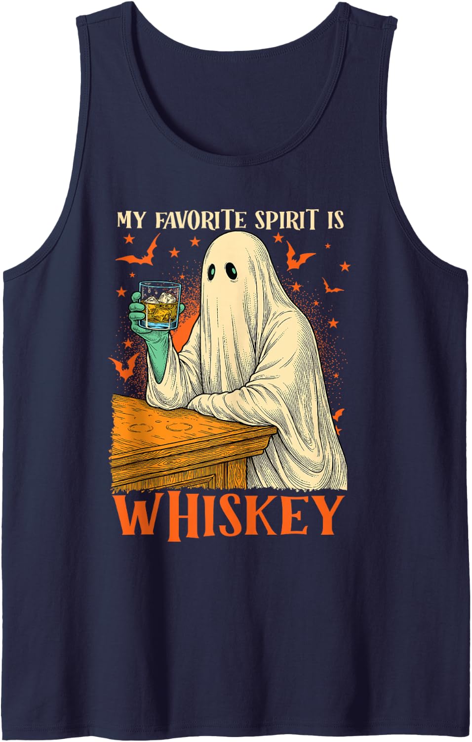 Halloween Whiskey Favorite Spirit Funny Ghost Drinking Party Sleeveless Tank Top - Navy Blue