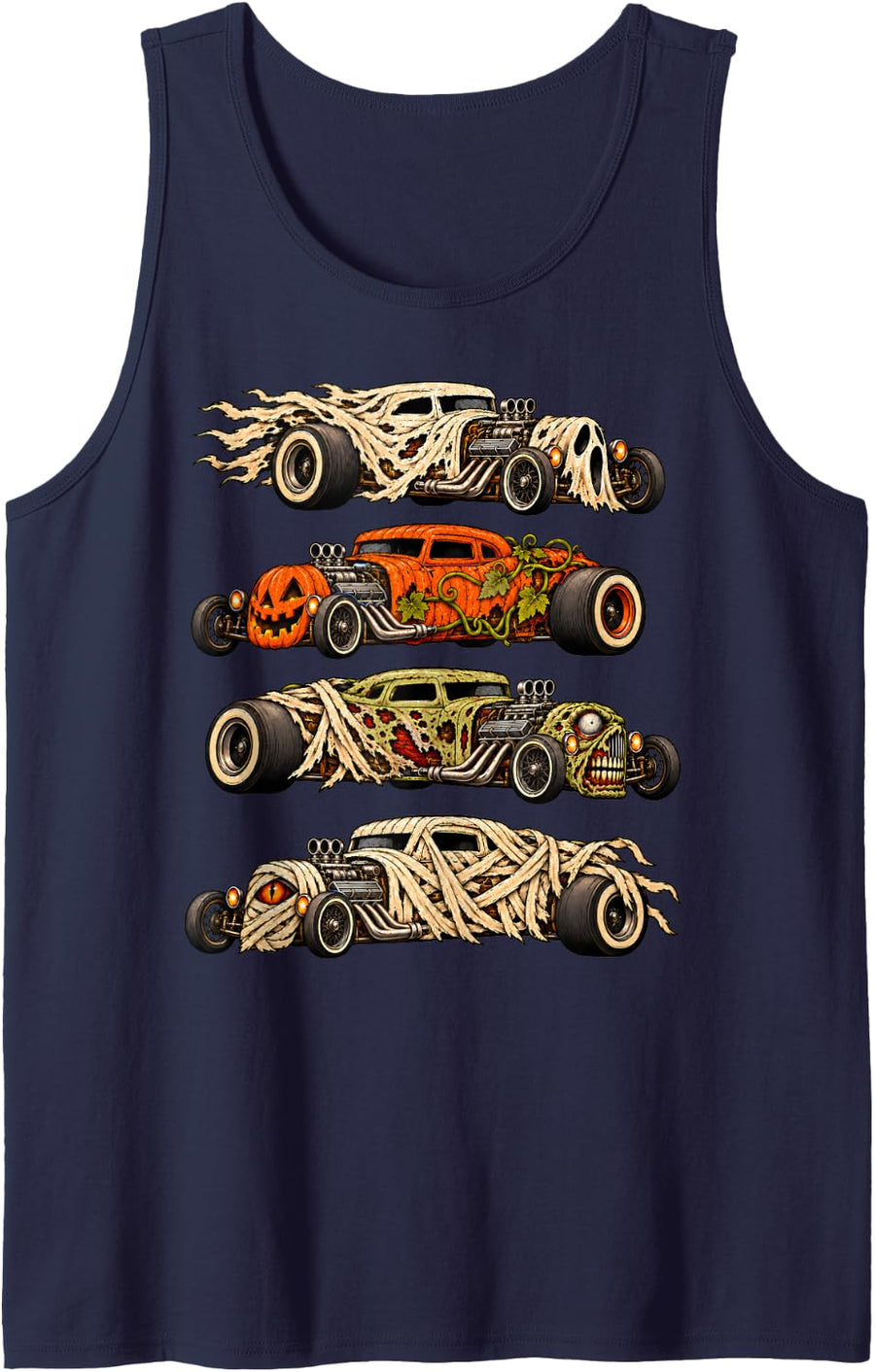Halloween Hot Rod Ghost Pumpkin Zombie Mummy Sleeveless Tank Top - Navy Blue