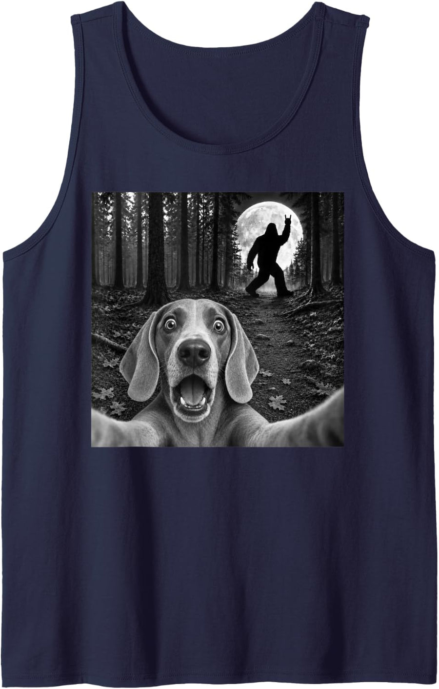 Weimaraner Selfie with Bigfoot Rock and Roll Dog Sasquatch Sleeveless Tank Top - Navy Blue