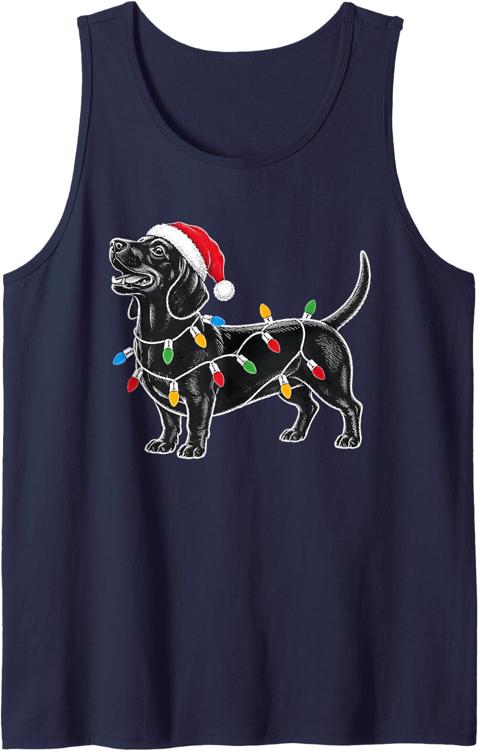 Dachshund Christmas Lights Santa Hat Xmas Dog Lover Sleeveless Tank Top - Navy Blue