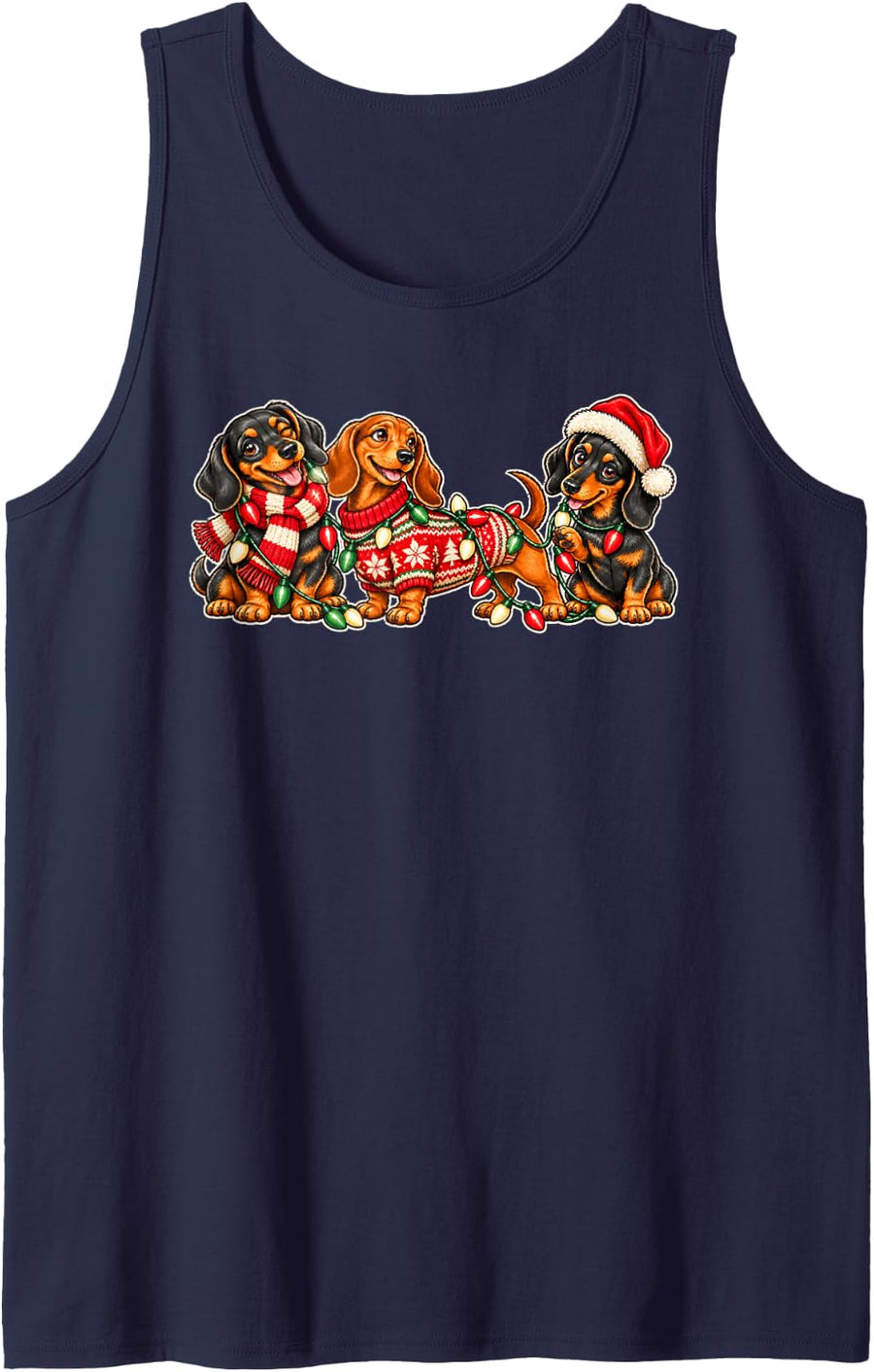 Cute Wiener Dog Trio with Lights Dachshund Christmas Sleeveless Tank Top - Navy Blue
