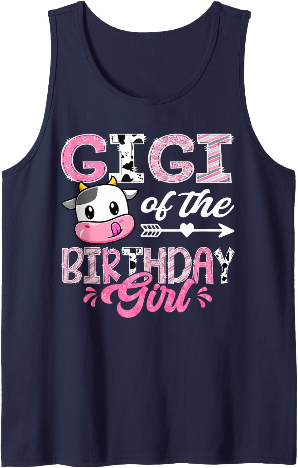 Gigi of The Birthday Girl Pink Farm Cow 1st Birthday Sleeveless Tank Top - Navy Blue