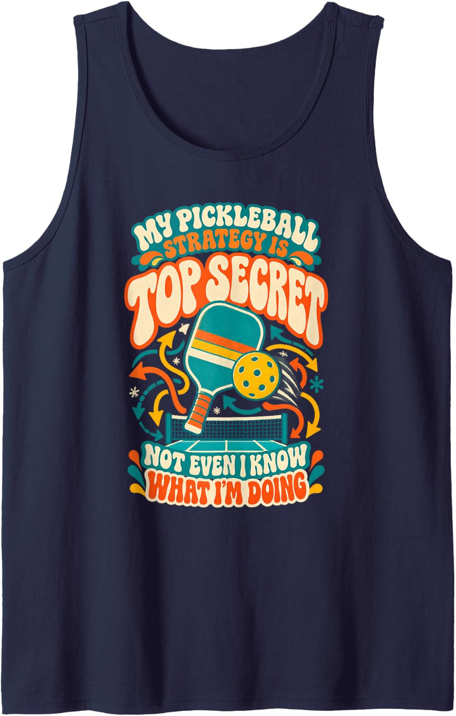 My Pickleball Strategy is Top Secret Funny Groovy Sleeveless Tank Top - Navy Blue
