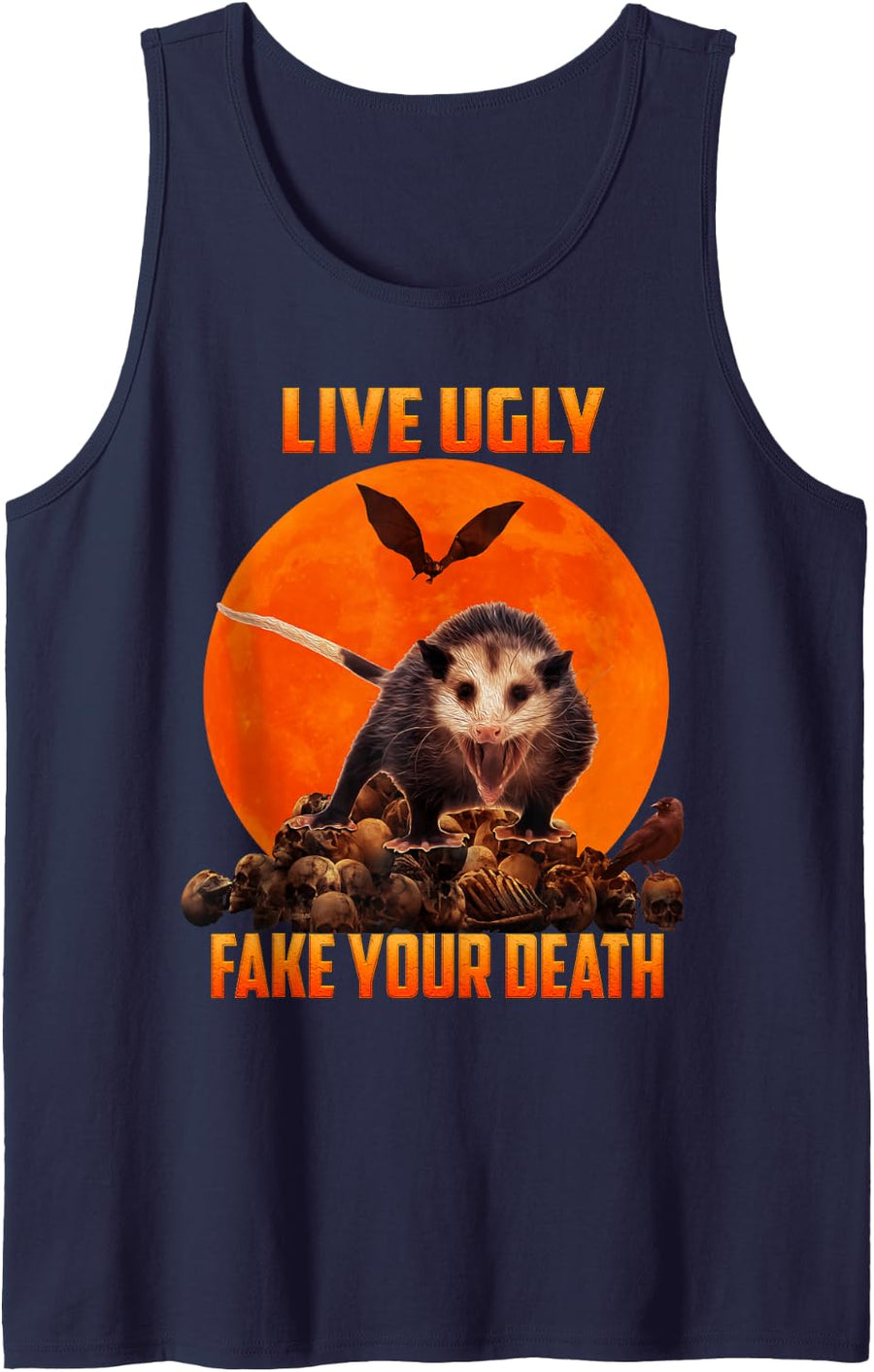 Live Ugly Fake Your Death Graphic Scary Halloween Opossum Sleeveless Tank Top - Navy Blue