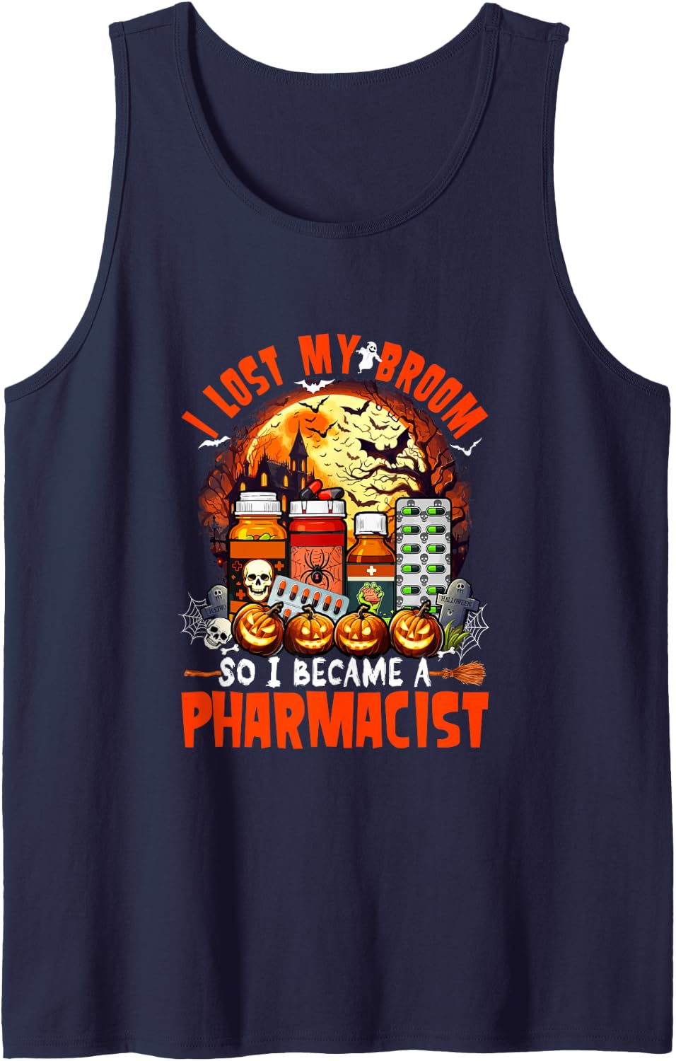 I Lost Broom So Became A Pharmacist Halloween Carved Pumpkin Tank Top - Navy Blue
