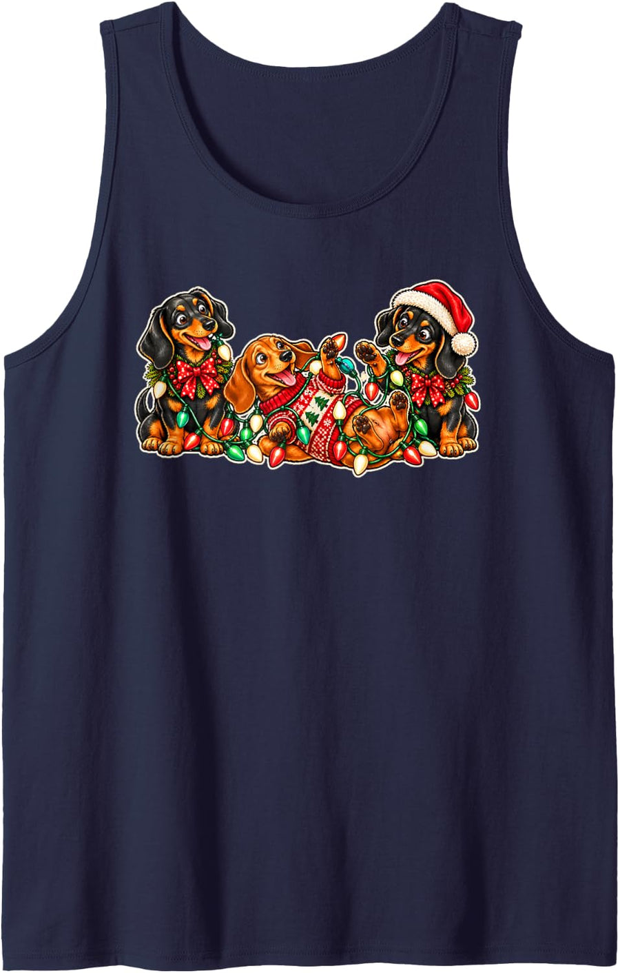 Playful Wiener Dog Trio in Lights Dachshund Christmas Sleeveless Tank Top - Navy Blue