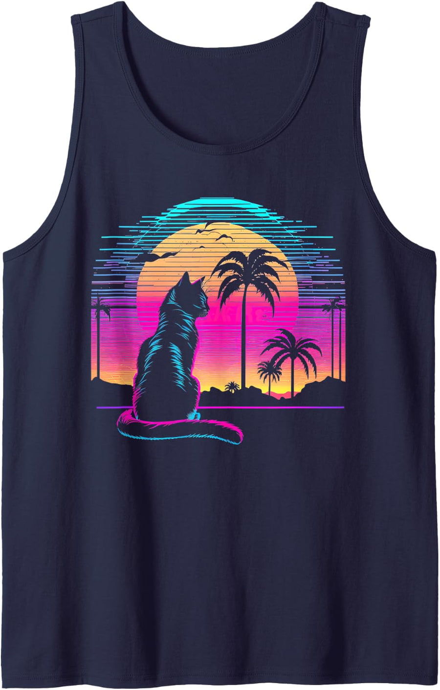Cat Vaporwave Retrowave Aesthetic Synthwave 80s Palm Tree Tank Top - Navy Blue