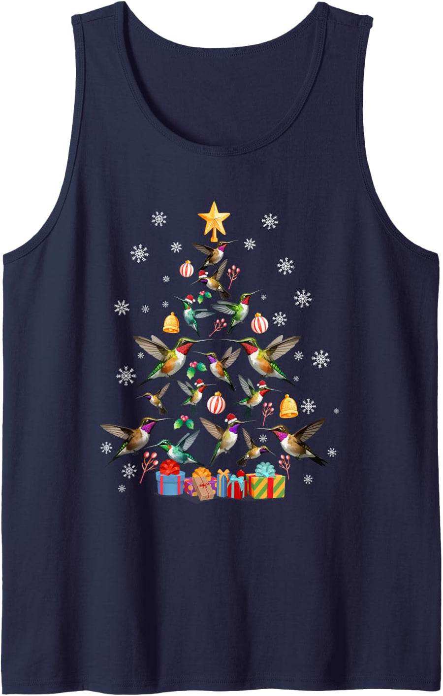 Cute Hummingbird Christmas Tree Bird Lover Kids Teens Adults Sleeveless Tank Top - Navy Blue