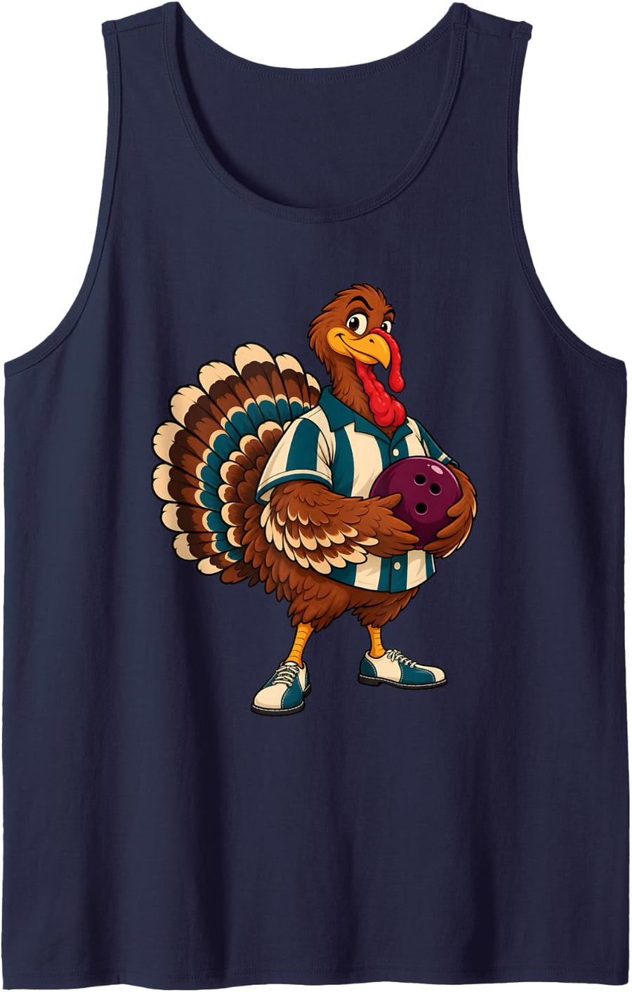 Bowling Turkey Player Funny Thanksgiving Sports Cartoon Sleeveless Tank Top - Navy Blue