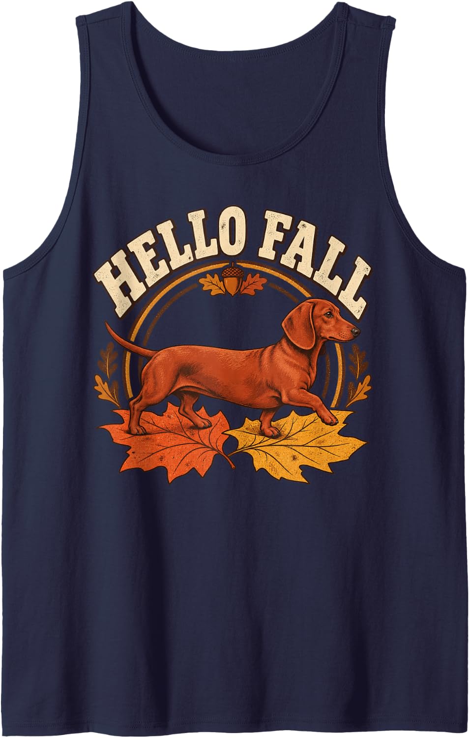 Hello Fall Dachshund Autumn Walk Sleeveless Tank Top - Navy Blue