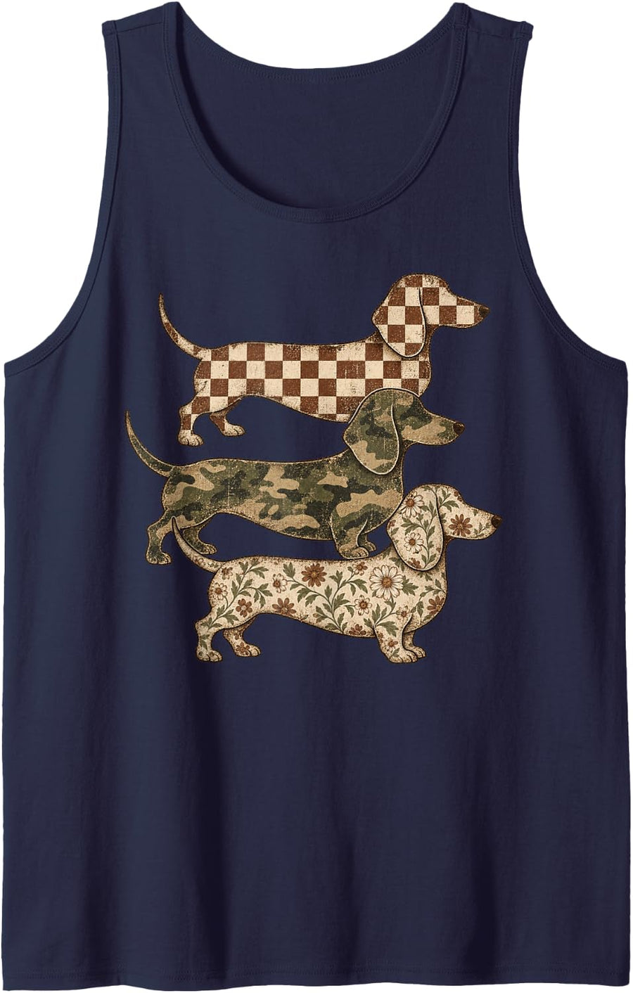 Dachshund Patchwork Dogs Fall Pet Lover Trio Sleeveless Tank Top - Navy Blue