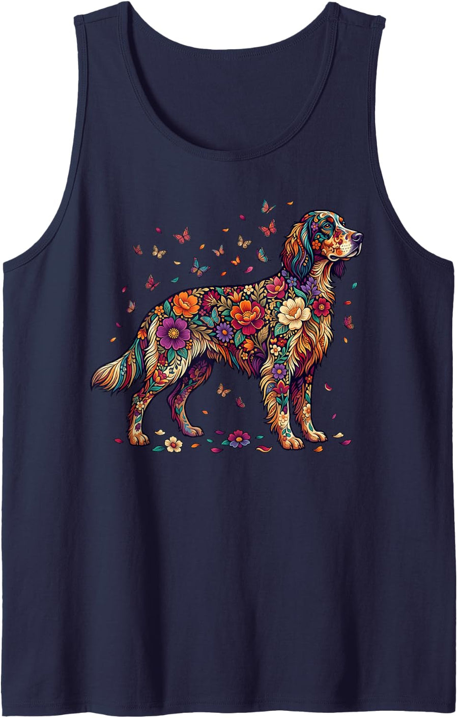 English Setter Colorful Floral Butterfly Flowers Botanical Tank Top - Navy Blue