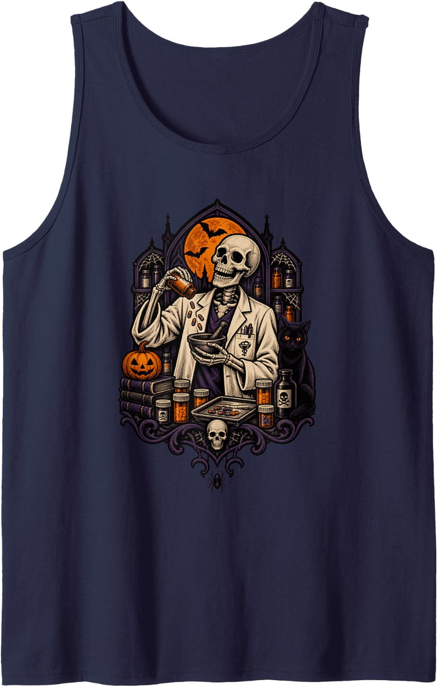 Skeleton Pharmacist Halloween Spooky Apothecary Sleeveless Tank Top - Navy Blue