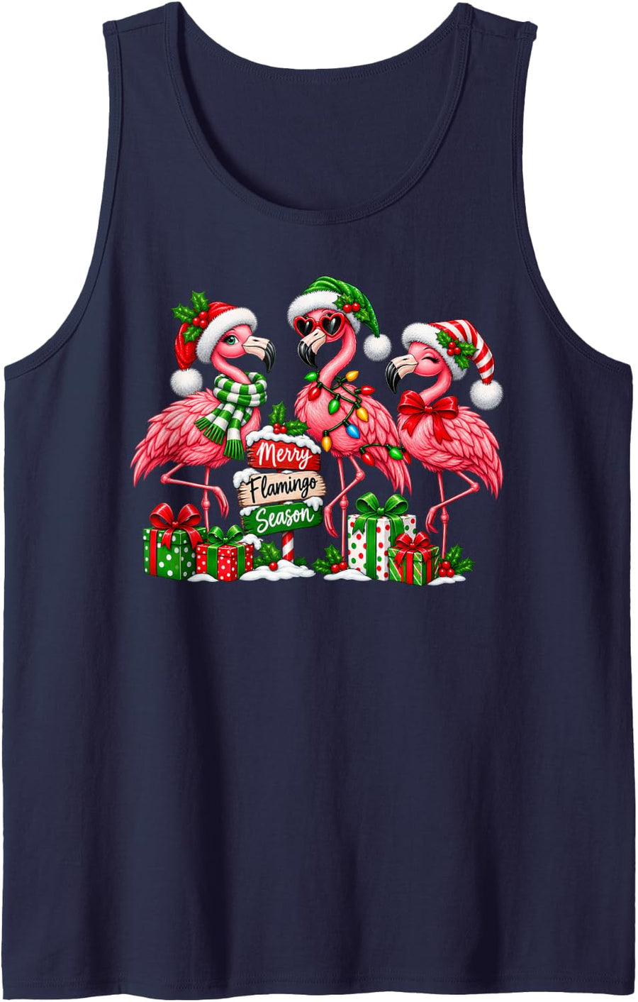 Merry Flamingo Season Three Birds Tropical Christmas Fun Sleeveless Tank Top - Navy Blue