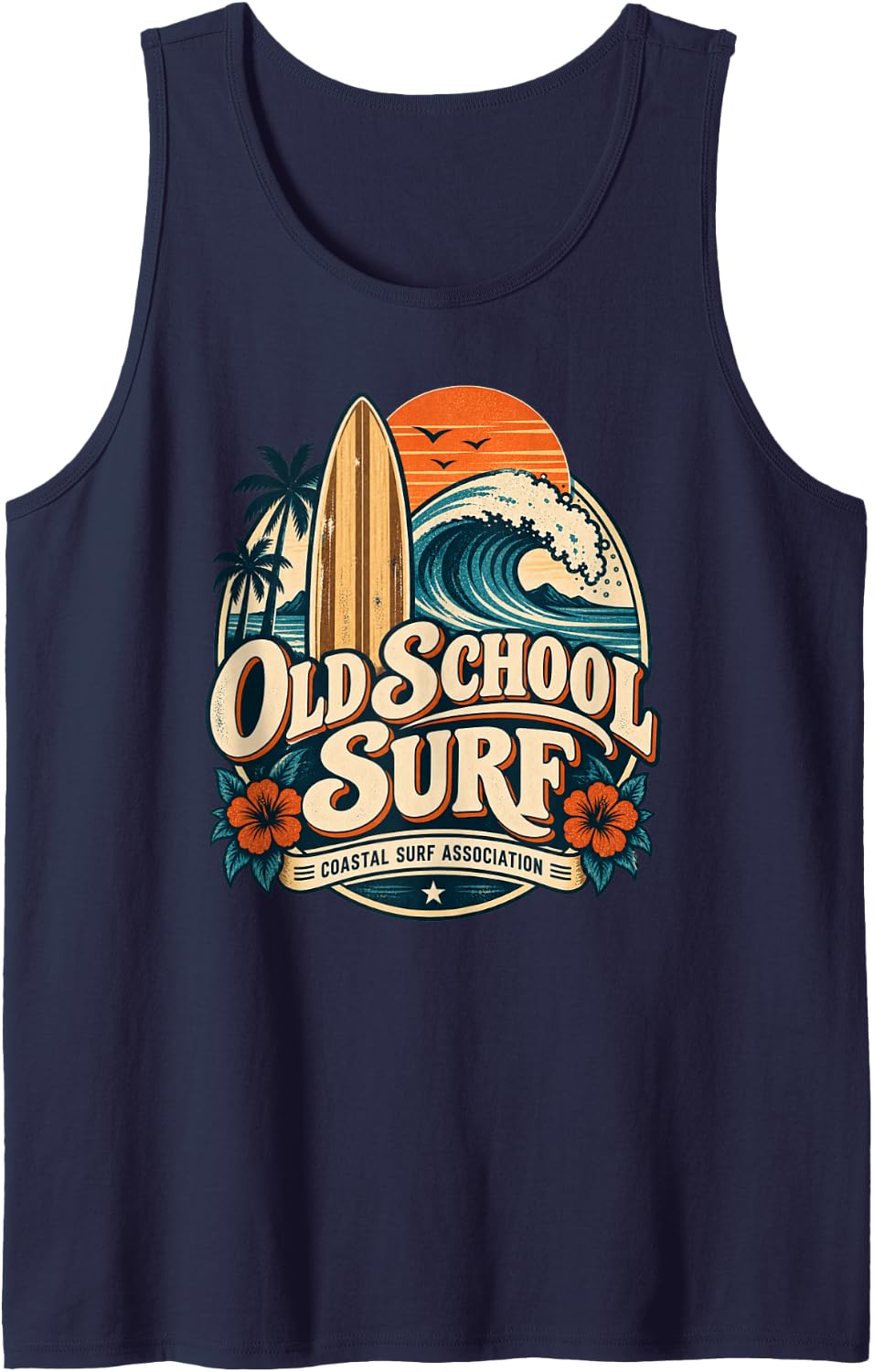 Old School Surf Vintage Coastal Wave Surfboard Design Sleeveless Tank Top - Navy Blue