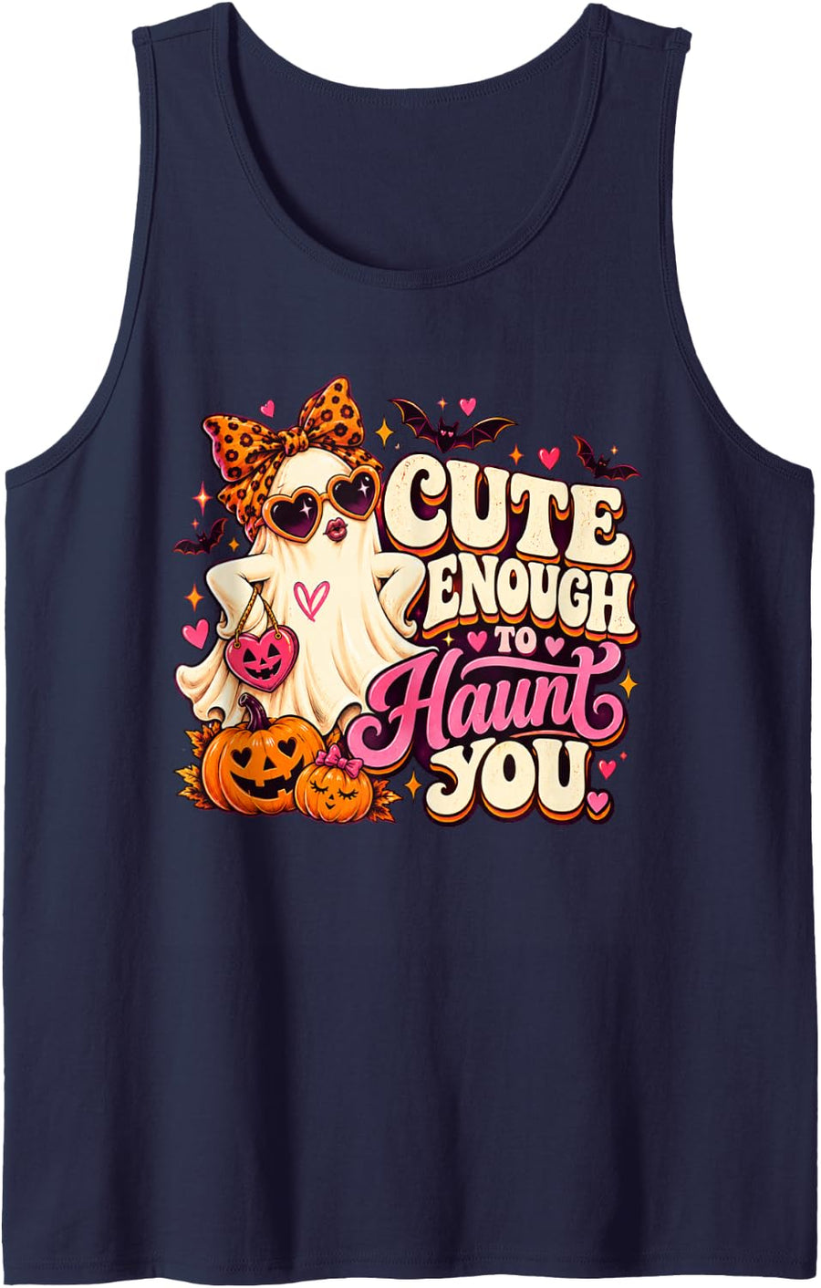 Cute Ghost Halloween Heart Sunglasses Spooky Season Sleeveless Tank Top - Navy Blue