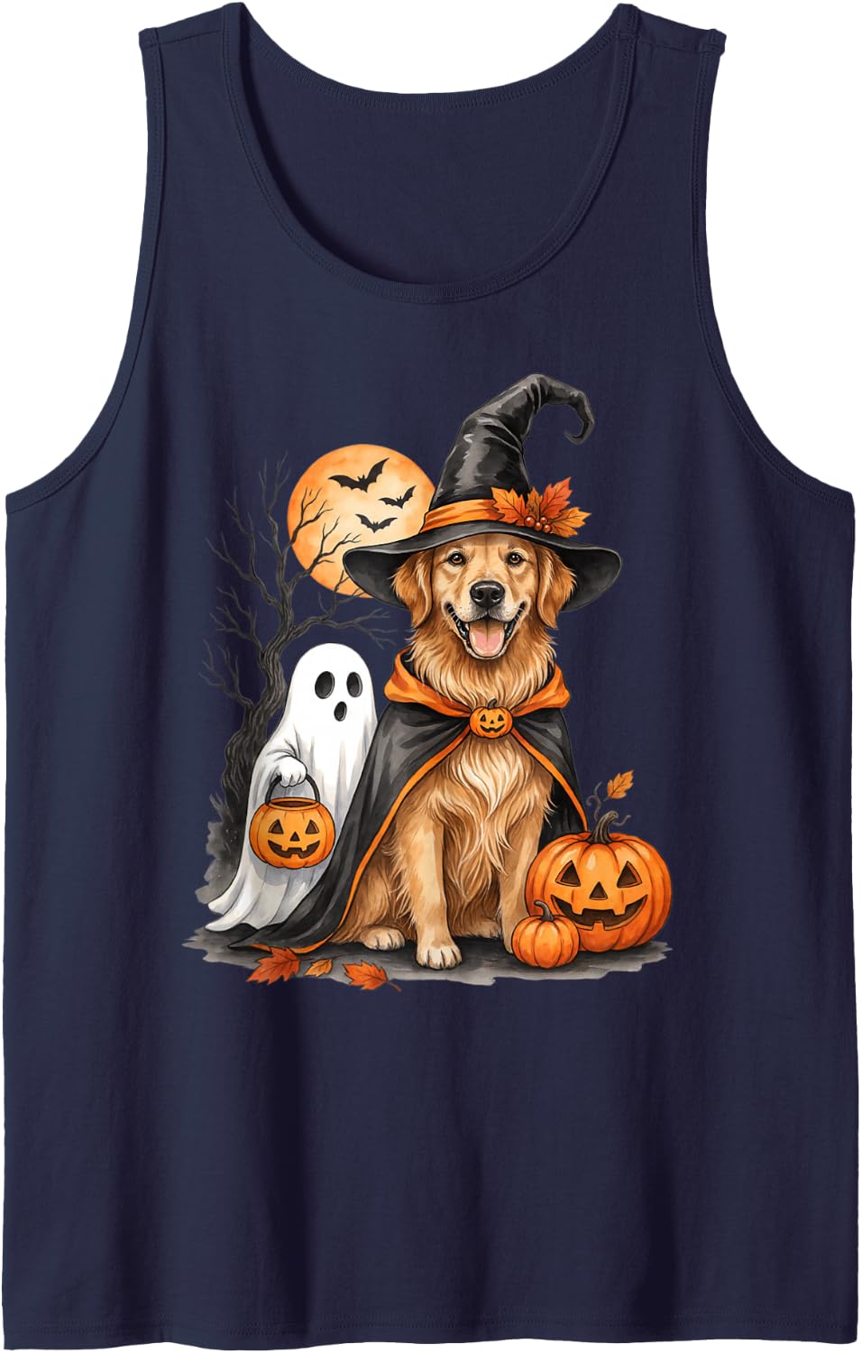 Golden Retriever Halloween Witch Dog Owner Sleeveless Tank Top - Navy Blue